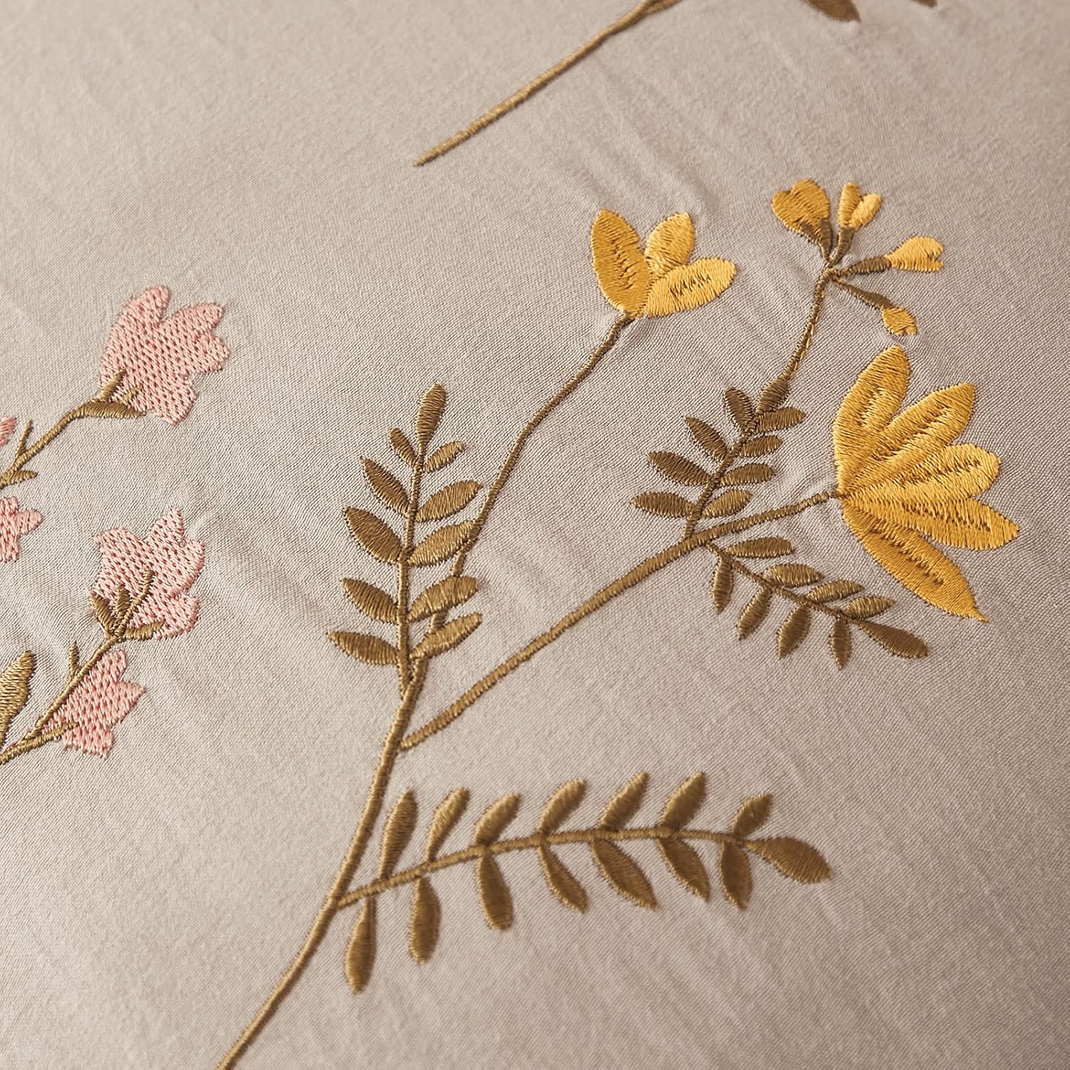 Moveover Taupe Pillowcases, Embroidery Flower Pillow Cases Set of 2, 100% Soft Washed Microfiber, Pink and Yellow Floral Pattern Country St…
