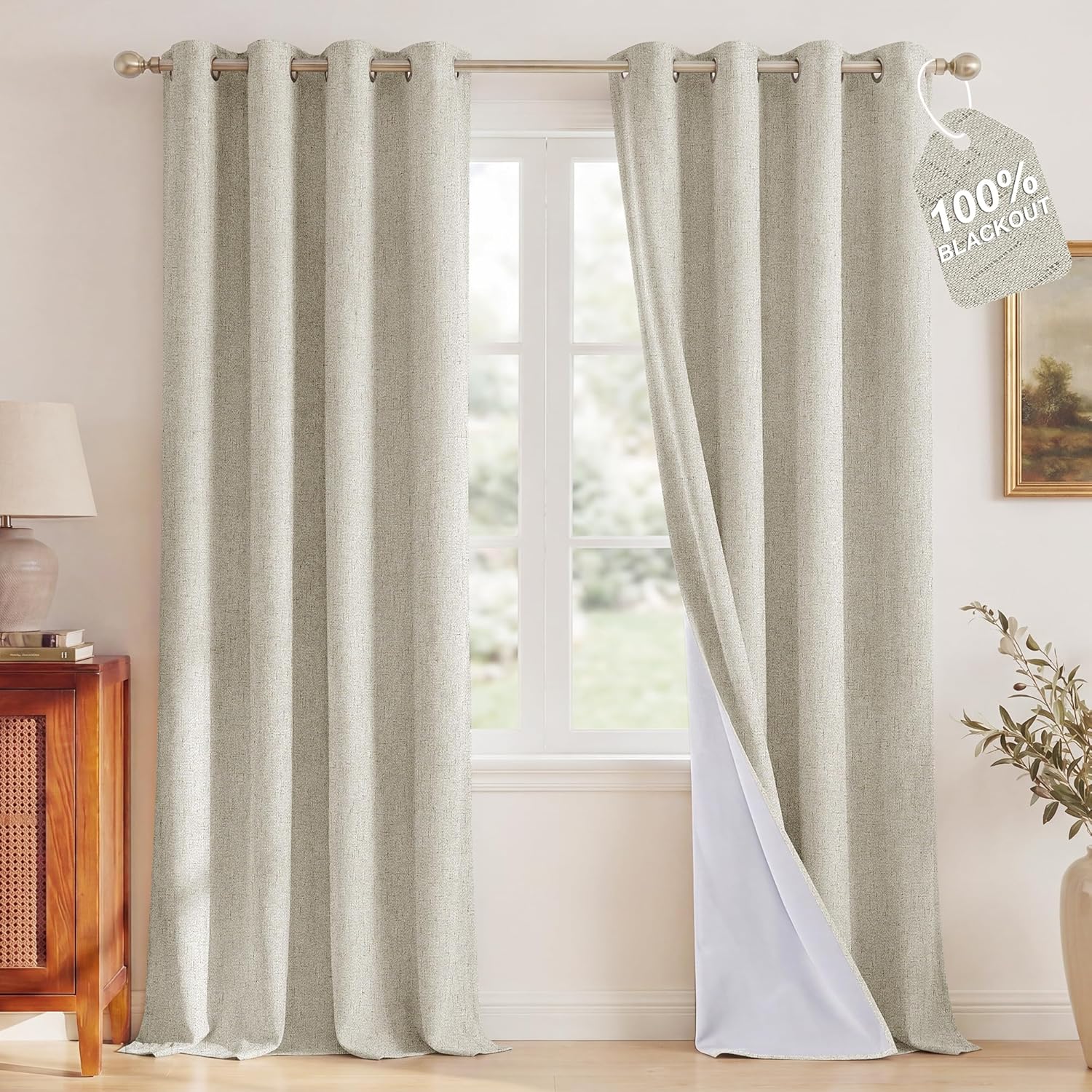 Nicetown Linen Blend 100% Blackout Ivory Curtains for Living Room, White Liner Composite Thermal Drapes Casual & Relax Sound Reducing Windo…