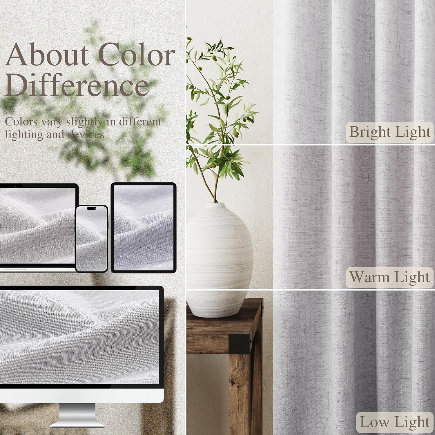 Nanspring Light Grey 100% Blackout Linen Curtains 96 Inches Long for Bedroom Back Tab Thermal Insulated Modern Luxury Simple Black Out Curt…