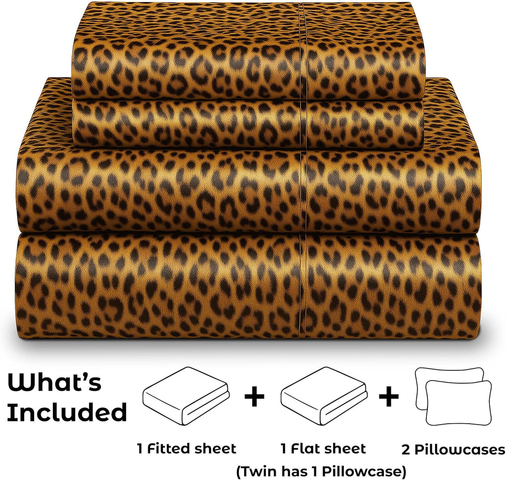 PureBedding Satin Sheets King [4-Piece, Gold Leopard] Hotel Luxury Silky Bed Sheets - Extra Soft 1800 Microfiber Sheet Set, Wrinkle, Fade,…