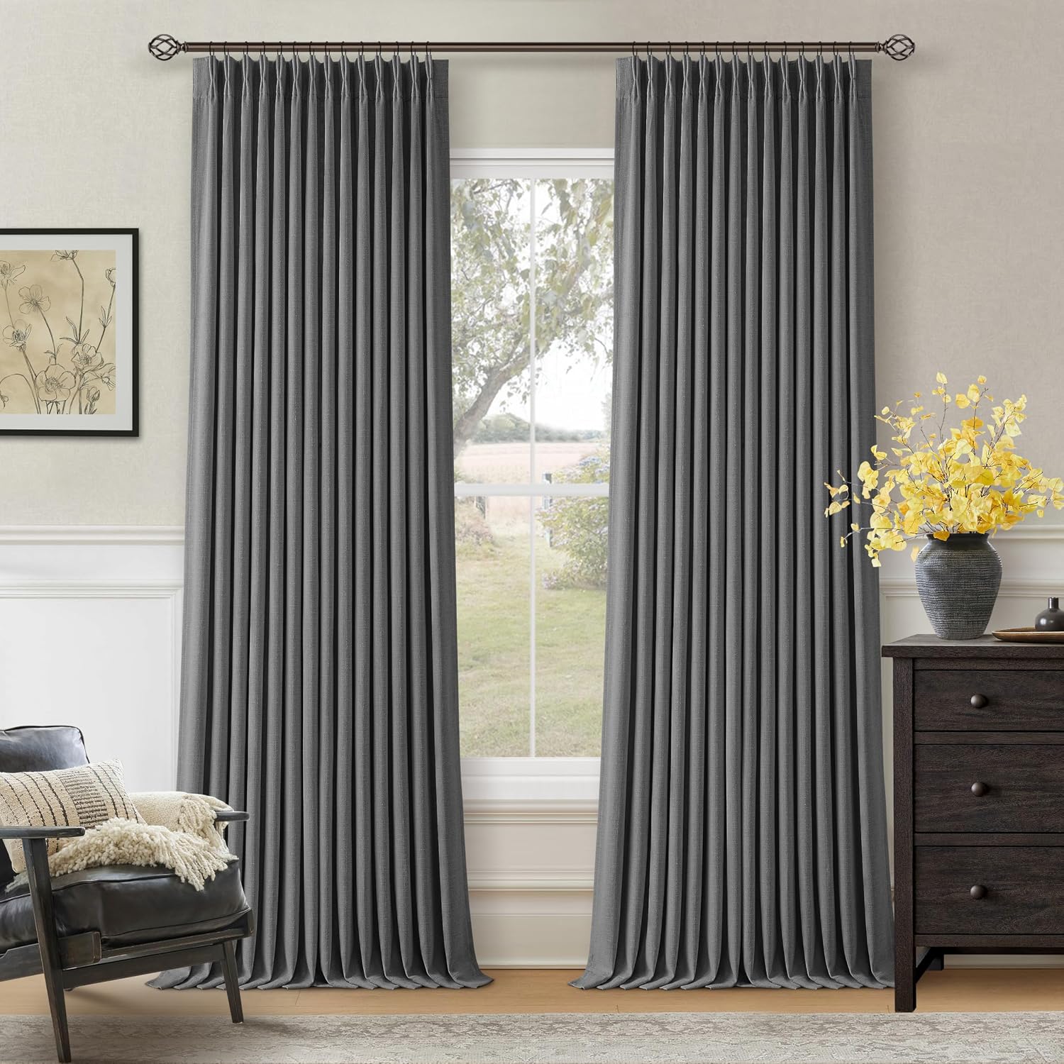 Twodrapes Dark Grey Pinch Pleated Blackout Curtains 108 Inches Long for Bedroom 100% Black Out Thick Linen Dual Layer Pleated Drapes Farmho…
