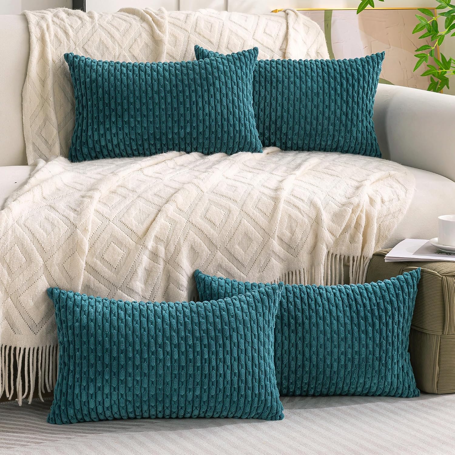 Cozoomy Set of 4 Teal Decorative Throw Pillow Covers 12x20 Inch Corduroy Pillow Covers for Bed Couch Sofa Living Room Soft Cushion Cases 20…