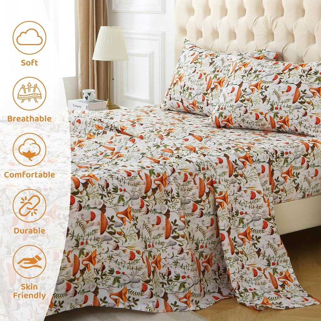 mooreeke Cozy Vintage Microfiber Printed King Sheet Set - Soft & Breathable Percale Mushroom Forest Bed Sheets with Extra Deep Pocket - Non…