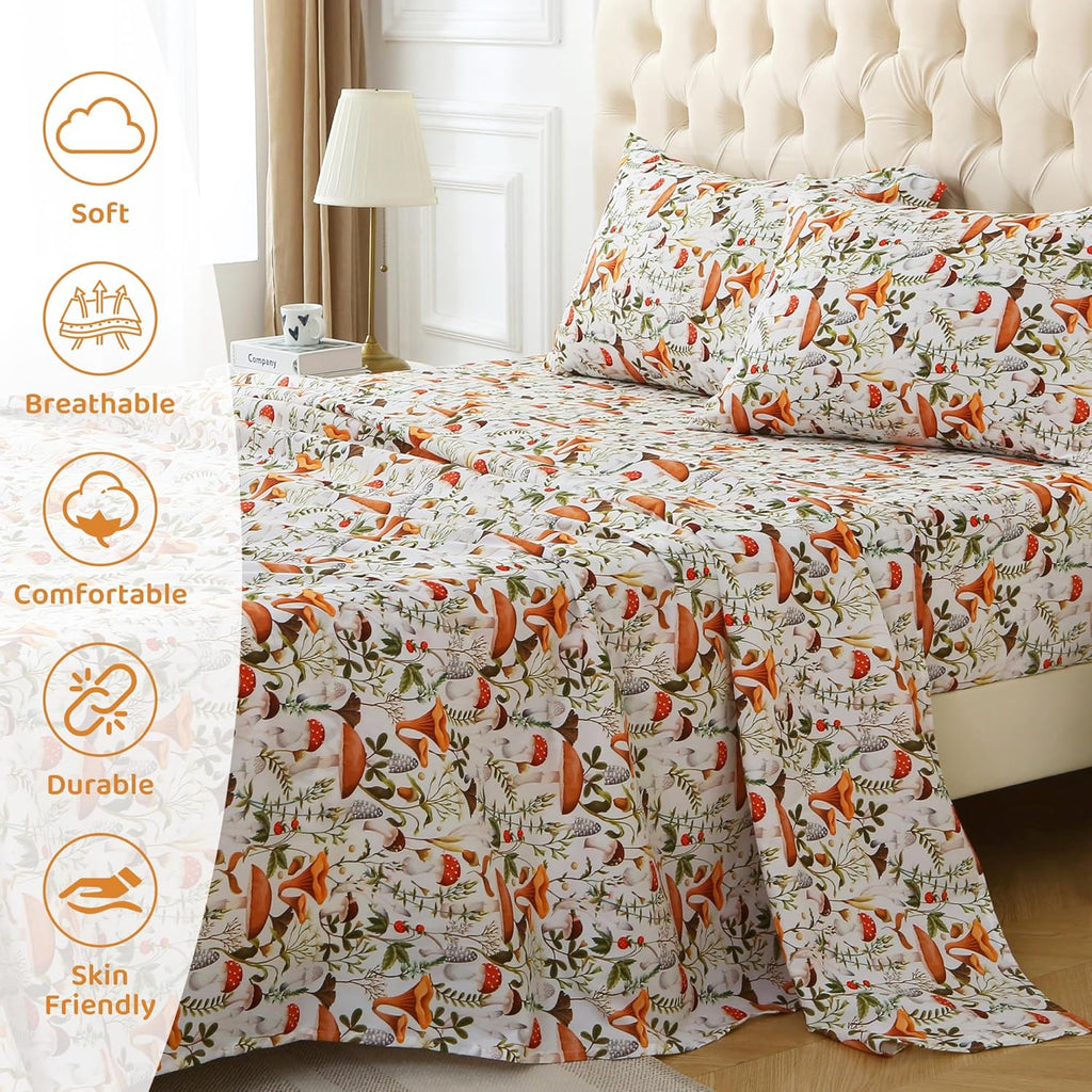 mooreeke Cozy Vintage Microfiber Printed Twin Sheet Set - Soft & Breathable Mushroom Forest Bed Sheets with Extra Deep Pocket - Non-Slip Fi…