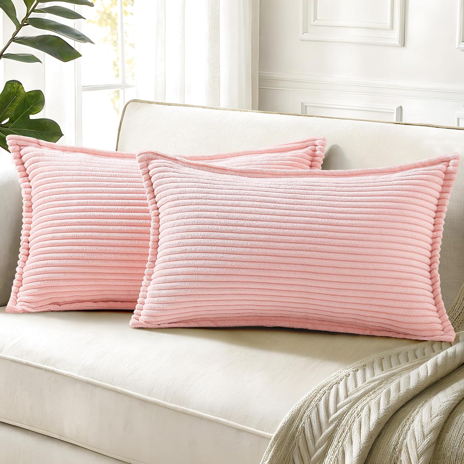 decorUhome Summer Corduroy Pink Throw Pillow Covers 12x20 Set of 2 Decorative Soft Boho Farmhouse Lumbar Couch Pillow Covers for Living Roo…