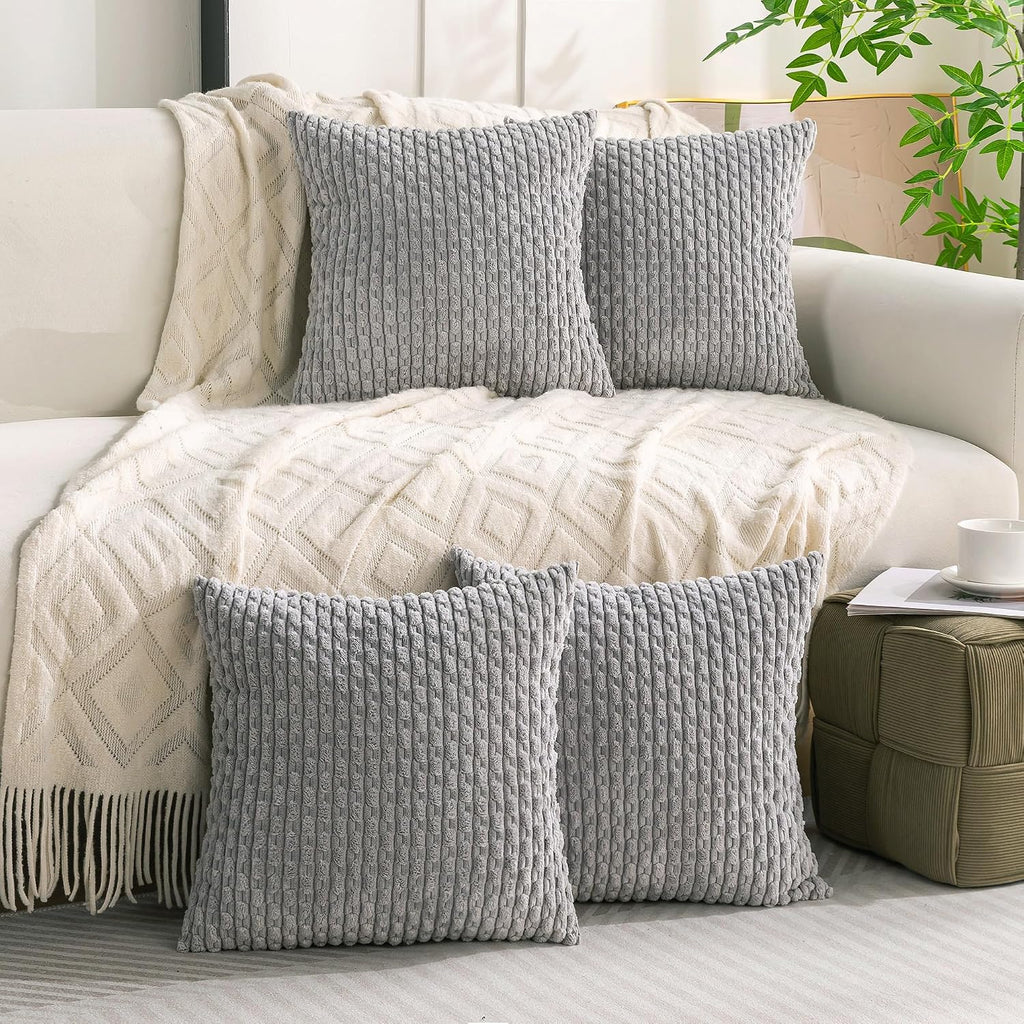 Cozoomy Set of 4 Grey Decorative Throw Pillow Covers 16x16 Inch Corduroy Pillow Covers for Bed Couch Sofa Living Room Soft Square Cushion C…