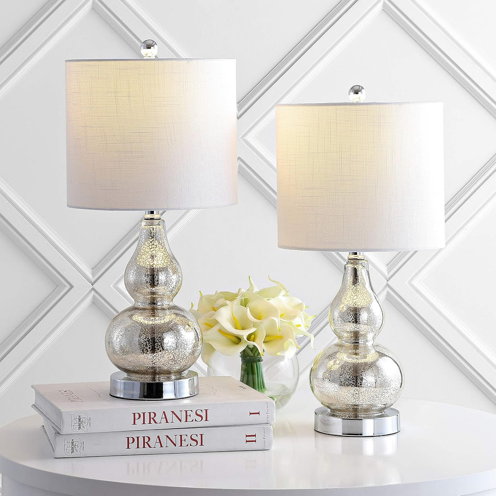 JONATHAN Y 20.5" Mercury Silver Glass Table Lamp, Modern Gourd Bedside Nightstand Lamp for Bedroom, Living Room, White Linen Shade, LED…