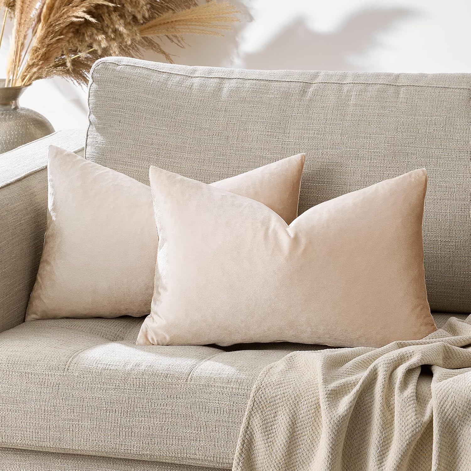 GIGIZAZAFocusingonhomedecoration GIGIZAZA 12x20 Lumbar Pillow Covers: Pack of 2 Champagne Beige Throw Pillows Super Soft Velvet Covers - De…
