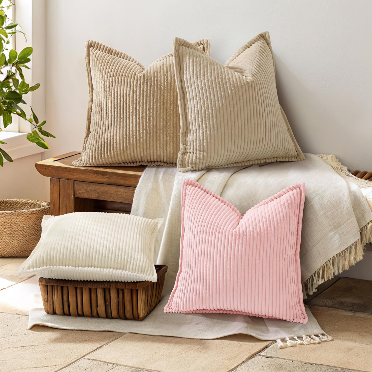 decorUhome Summer Corduroy Pink Throw Pillow Covers 18x18 Set of 2 Decorative Soft Boho Farmhouse Couch Pillow Covers for Living Room Bed S…