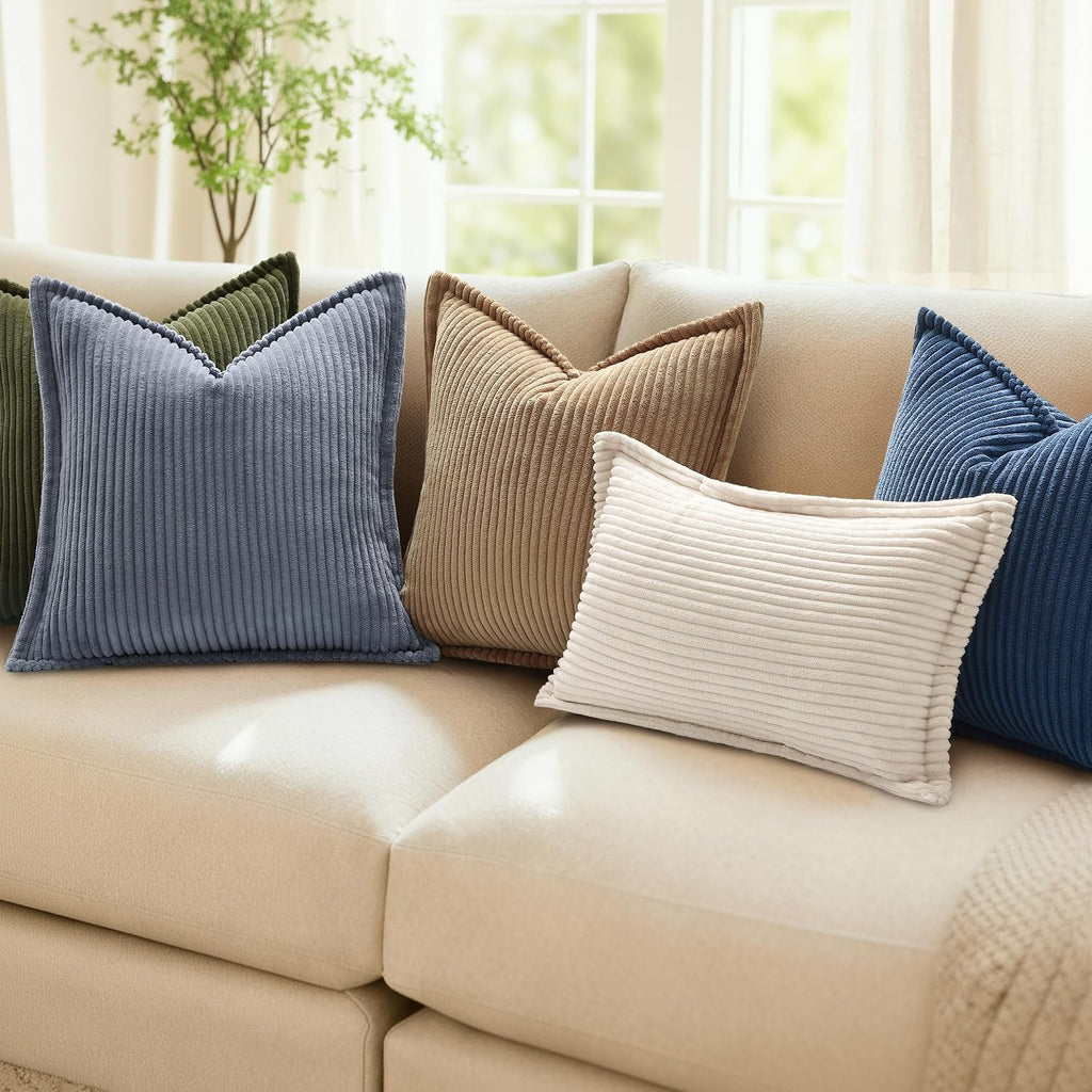 Mecatny Corduroy Summer Throw Pillow Covers 22x22 Set of 2, Neutral Decorative Soft Boho Couch Pillow Covers with Broadside for Sofa…