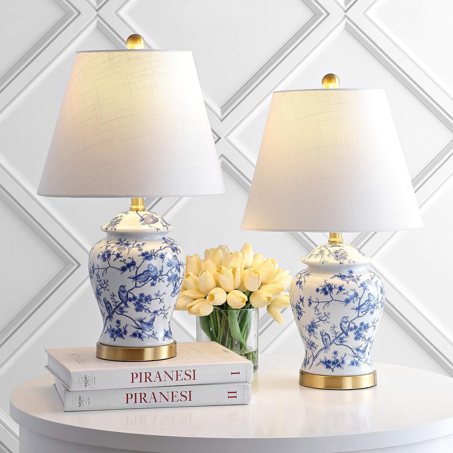 JONATHAN Y 22" Blue/White Ceramic Table Lamp, French Country Chinoiserie Ginger Jar LED Bedside Lamp for Living Room Bedroom, White Linen…
