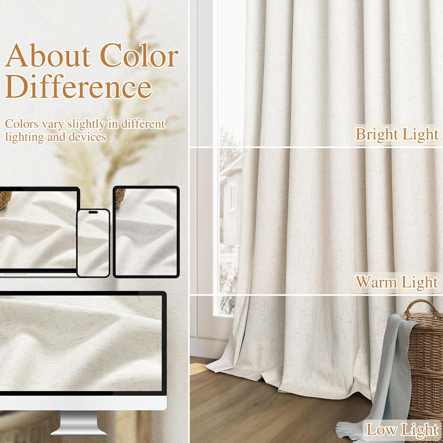Guken Cream 100% Blackout Cream Linen Curtains 52 Inch Wide by 128 Inch 2 Panels Set for Living Room Bedroom Back Tab Thermal Insulated Bla…