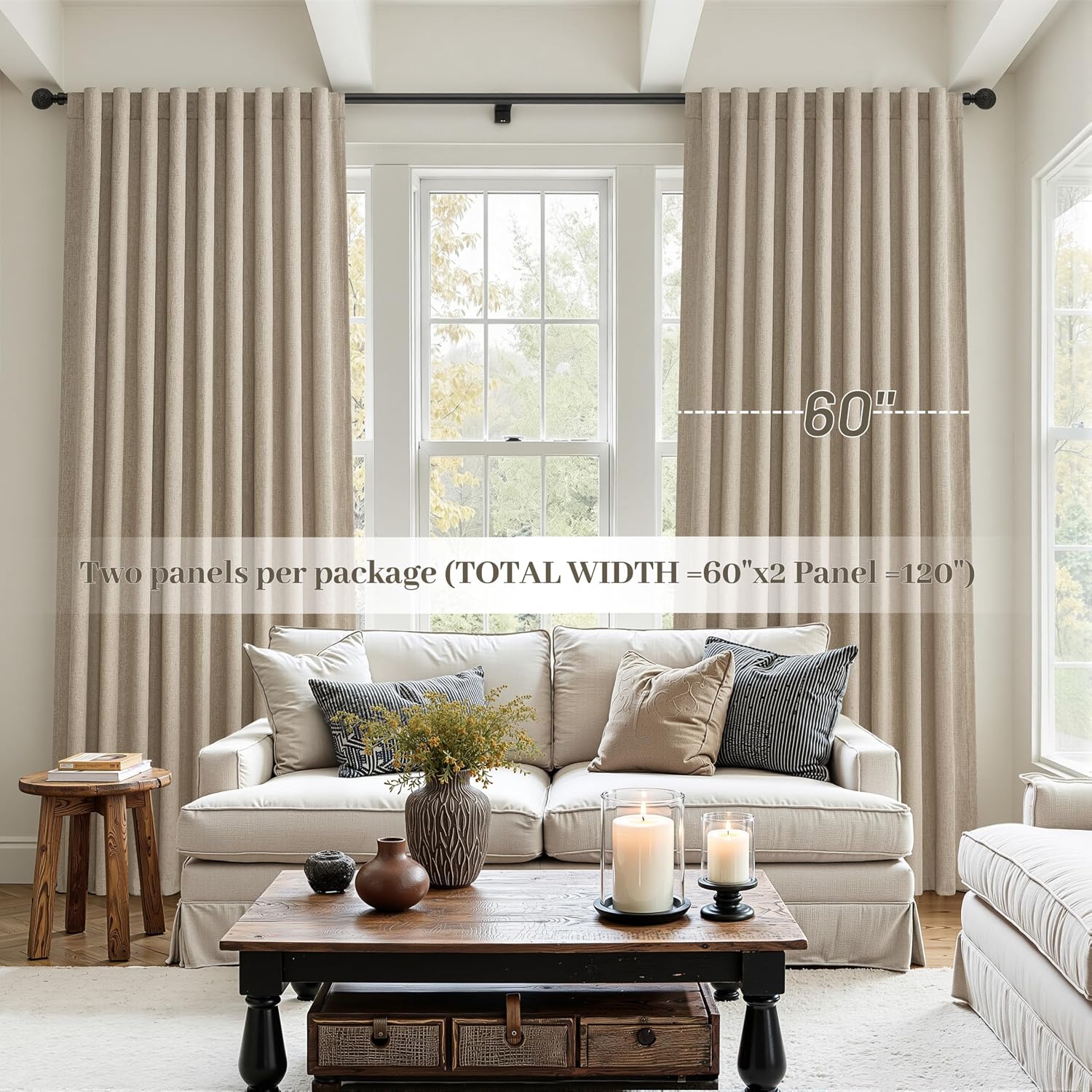 Qjmydeco Blackout Curtains 60 Inches Extra Wide Grey Beige Linen Curtains 84 Inch Length for Living Room, Pleated Farmhouse Bedroom Thermal…
