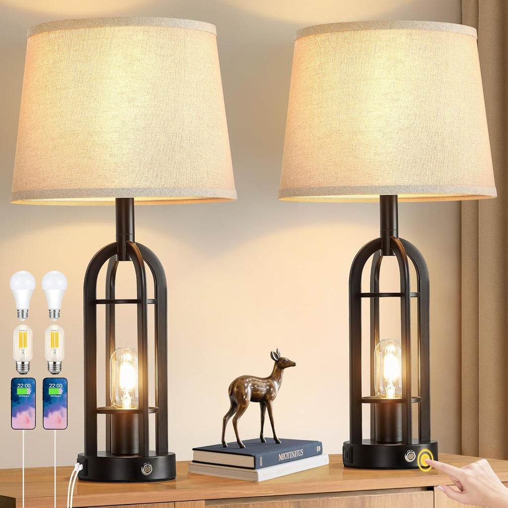 SRJJA 24" Table Lamps for Living Room Set of 2, Farmhouse Industrial 3-Way Dimmable Touch Bedside Lamps with USB A+C for Bedroom…