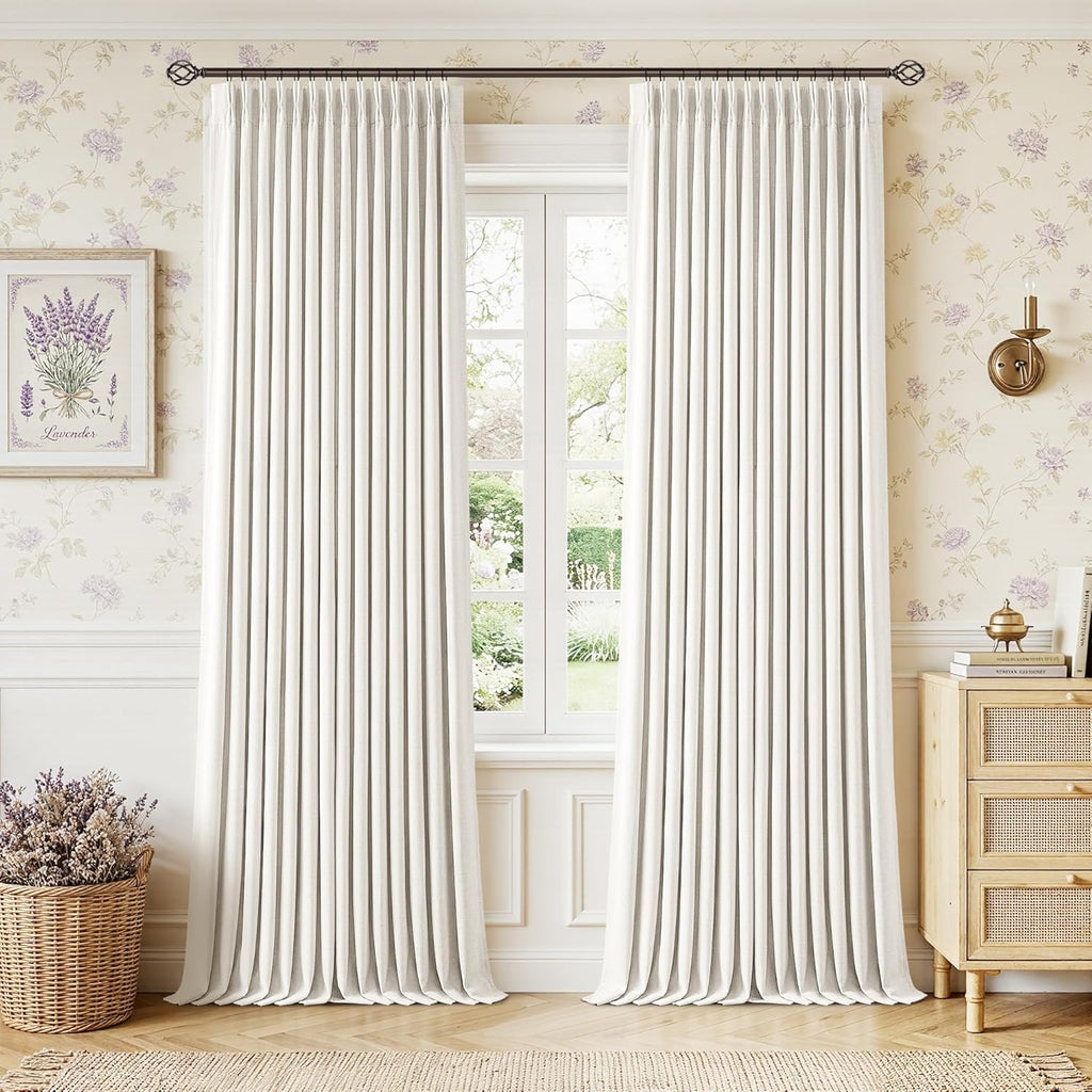 Twodrapes 112 Inch Pinch Pleated Blackout Linen Curtains for Bedroom 2 Panels Memory Trained 100% Black Out Soundproof Room Darkening Ivory…