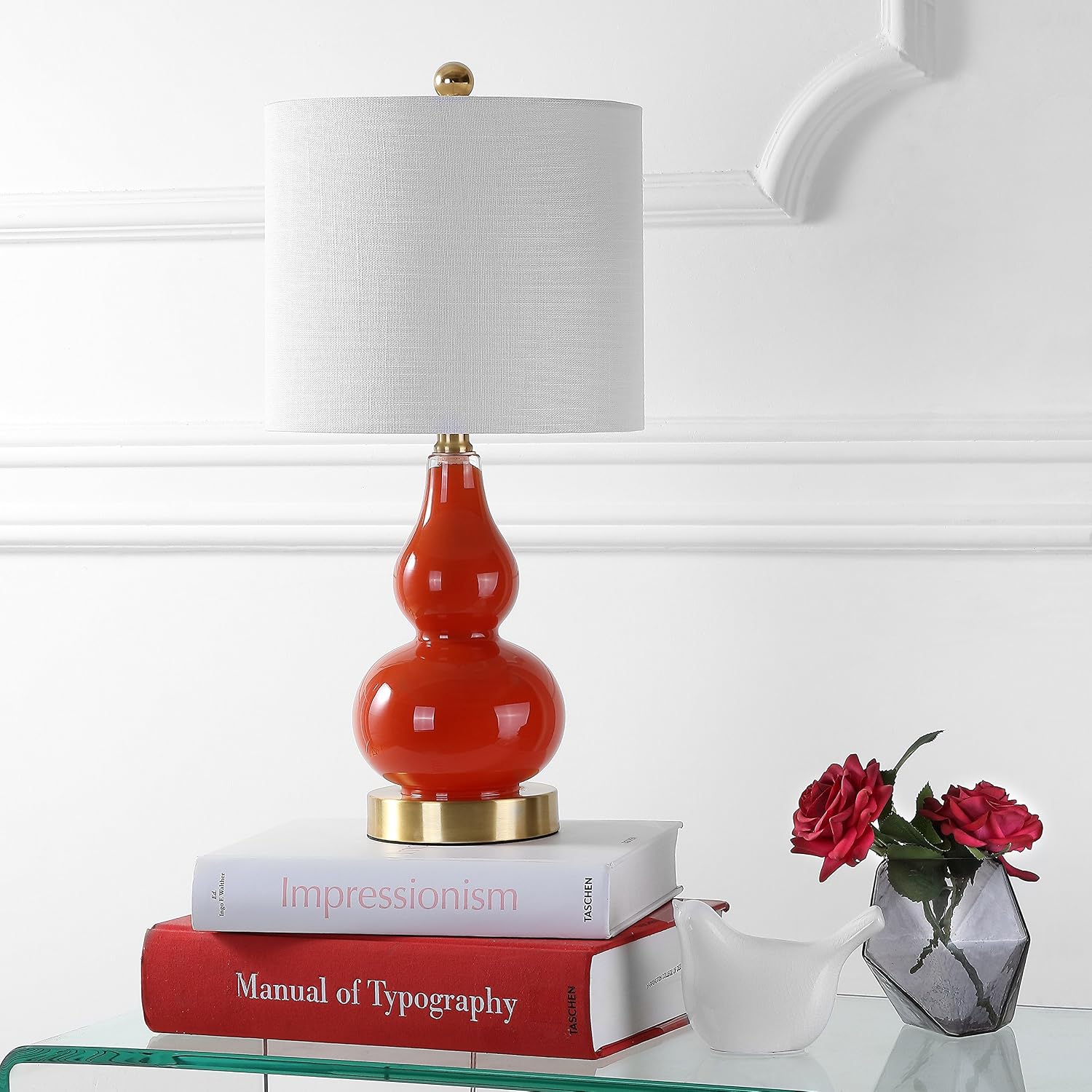 JONATHAN Y 20.5" Sunset Orange Glass Table Lamp, Modern Gourd Bedside Nightstand Lamp for Bedroom, Living Room, White Linen Shade, LED…