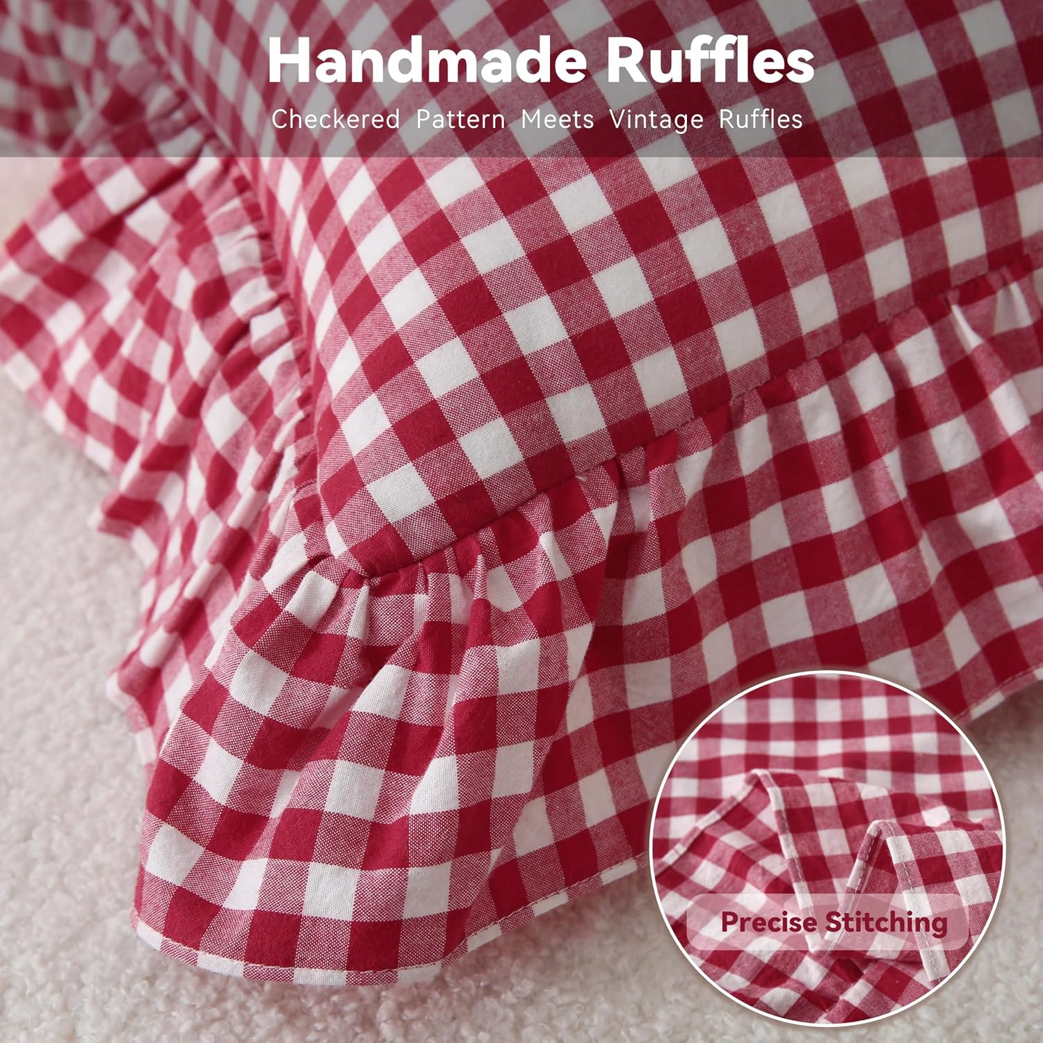 Jilboo 2 Pack 18 x18 inches Red/White Checkered Throw Pillow Covers 100% Washed Cotton Vintage Ruffle Trim Decorative Gingham Pillowcases w…