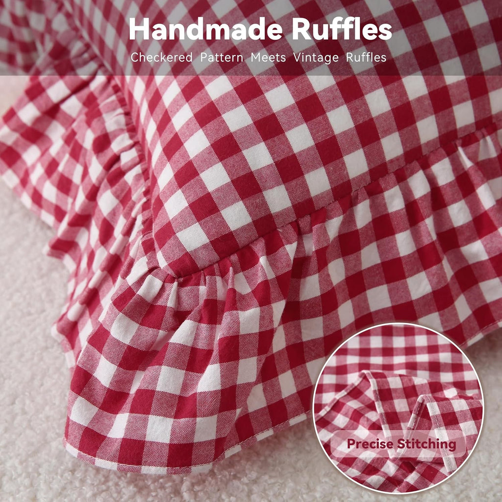 Jilboo 2 Pack 22 x22 inches Red/White Checkered Throw Pillow Covers 100% Washed Cotton Vintage Ruffle Trim Decorative Gingham Pillowcases w…