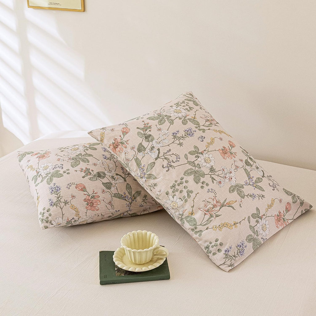 ECOCOTT 2 Pack Floral Pillowcases King Size, 100% Washed Cotton Pillow Cases with Envelope Closure, Vintage Botanical Flower Printed…