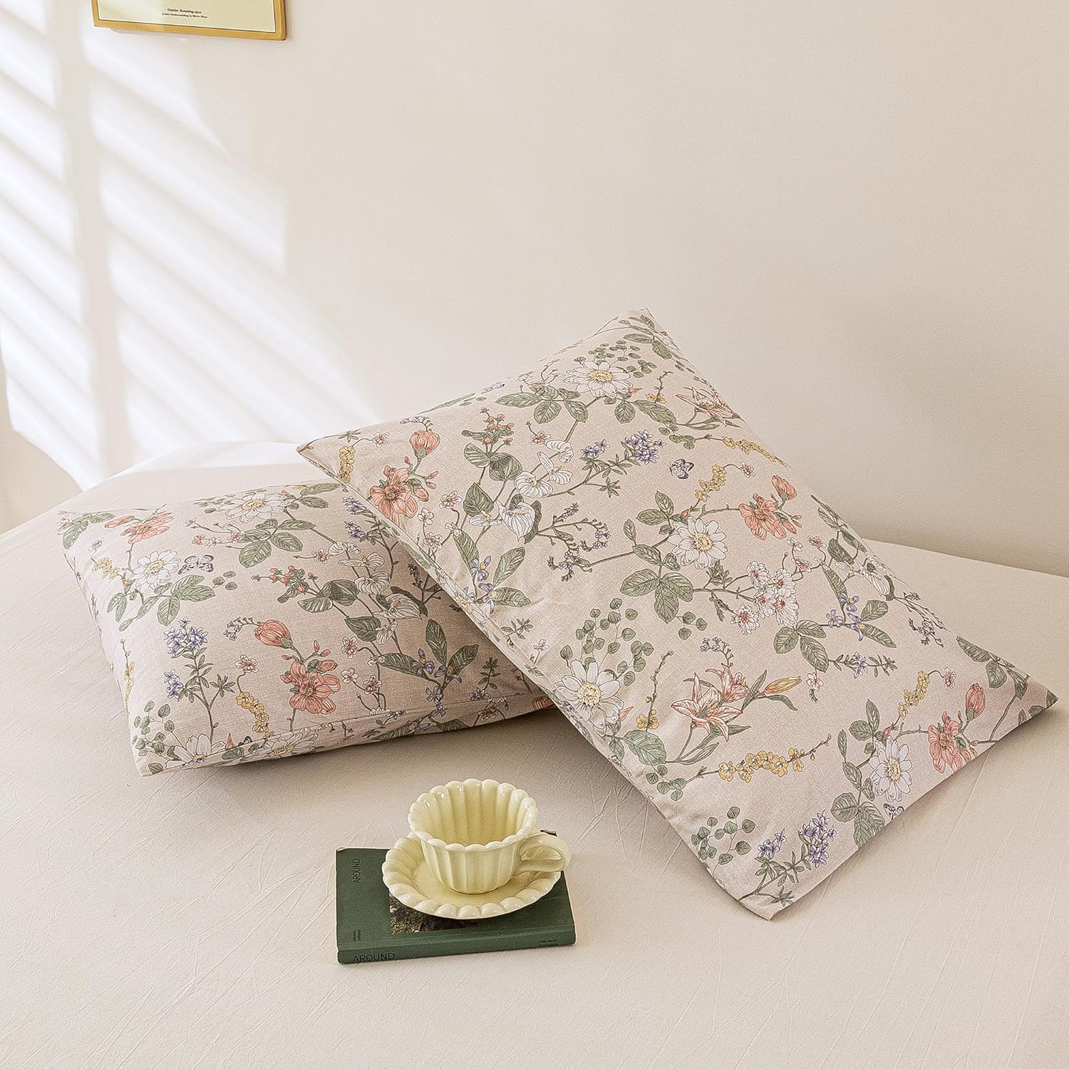ECOCOTT 2 Pack Floral Pillowcases King Size, 100% Washed Cotton Pillow Cases with Envelope Closure, Vintage Botanical Flower Printed…