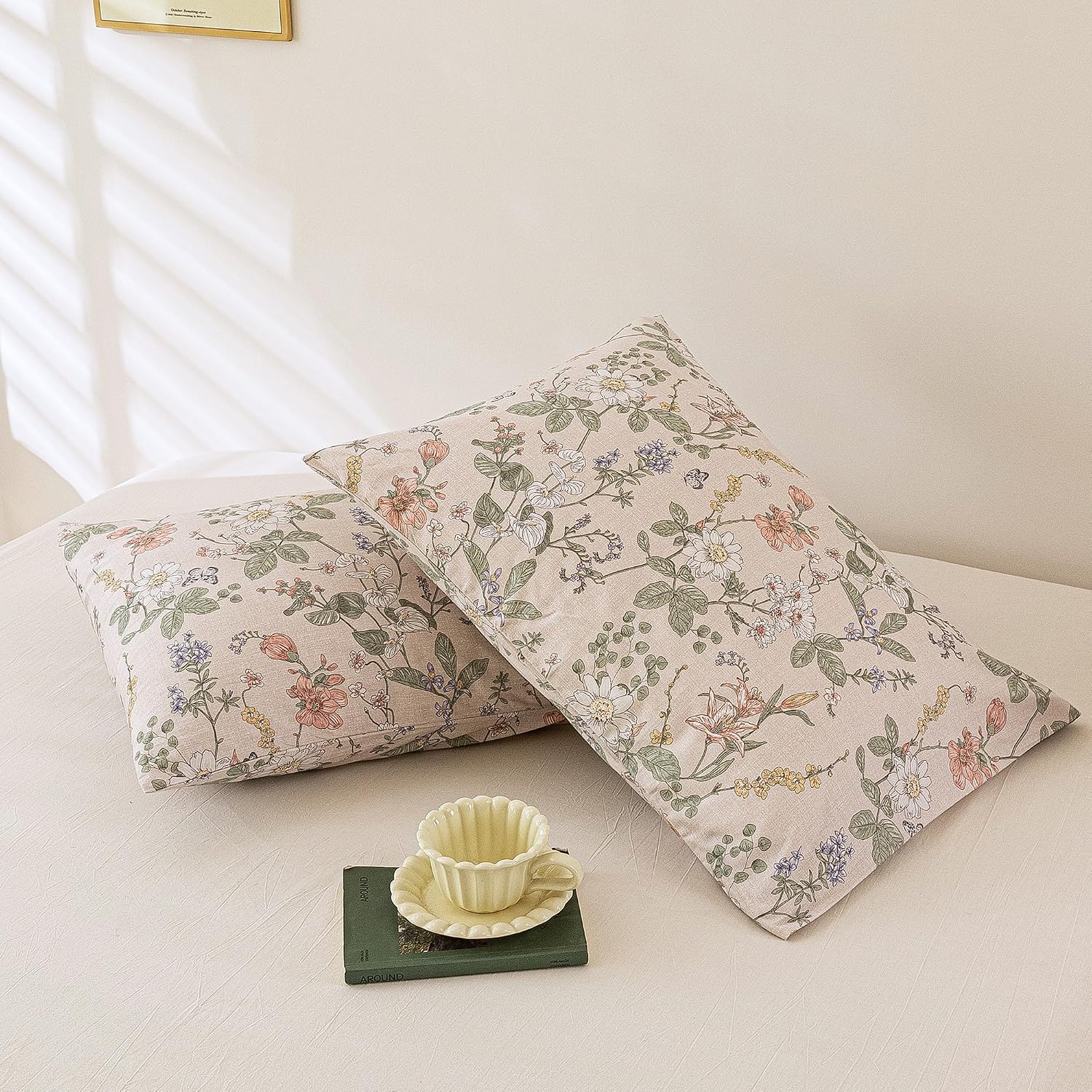 ECOCOTT 2 Pack Floral Pillowcases Standard Size, 100% Washed Cotton Pillow Cases with Envelope Closure, Vintage Botanical Flower Printed…