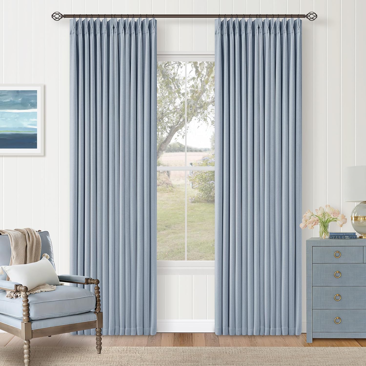 Twodrapes Light Blue Pinch Pleated Thick Linen Curtains 84 Inches Long for Living Room Bedroom Two Layer Blackout Sky Baby Blue Window Curt…