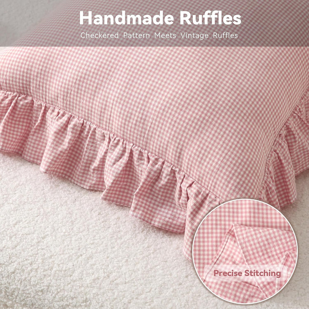 Jilboo Gingham Pillow Covers (2 Pack) - 18x18 Inches Pink/White Plaid, 100% Washed Cotton Vintage Ruffle Decorative Throw Pillowcases with…