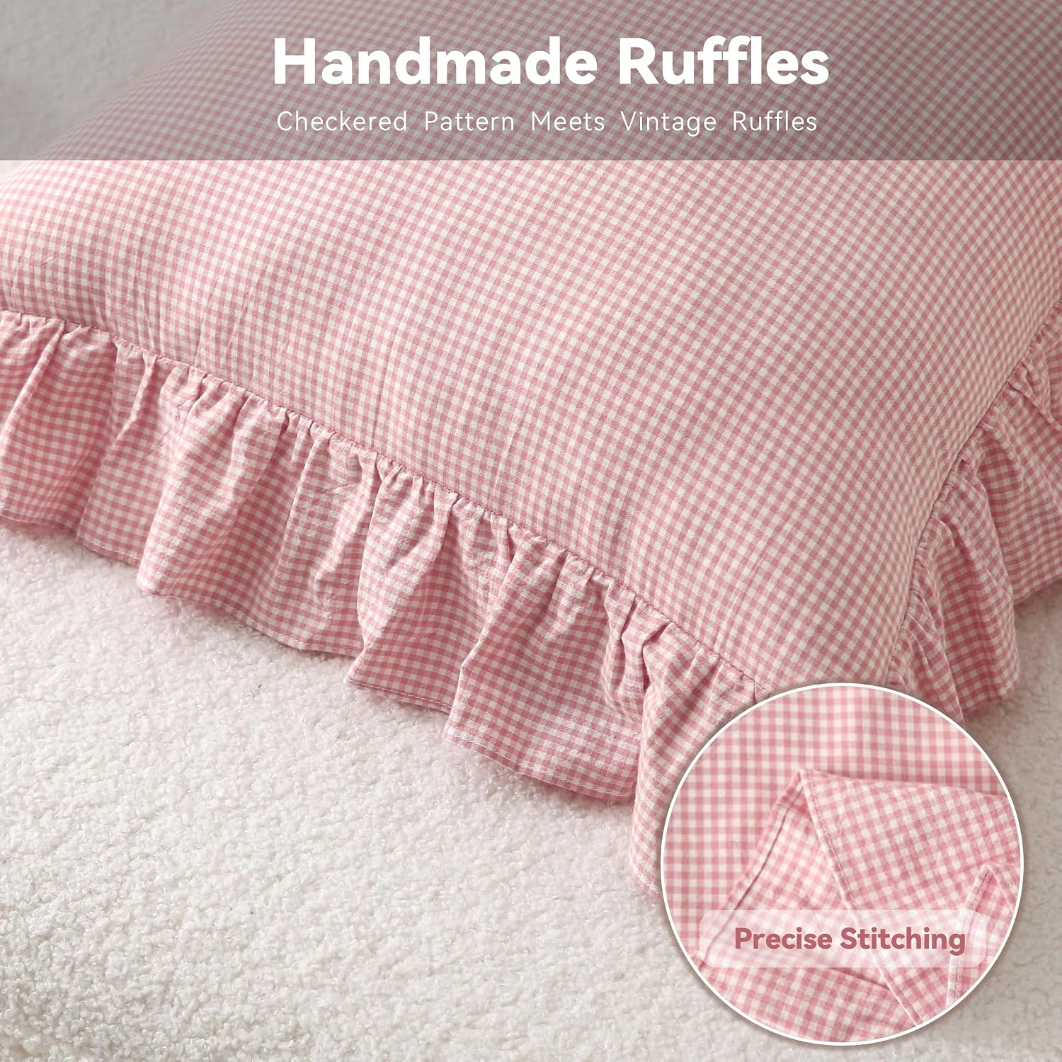 Jilboo Gingham Pillow Covers (2 Pack) - 18x18 Inches Pink/White Plaid, 100% Washed Cotton Vintage Ruffle Decorative Throw Pillowcases with…