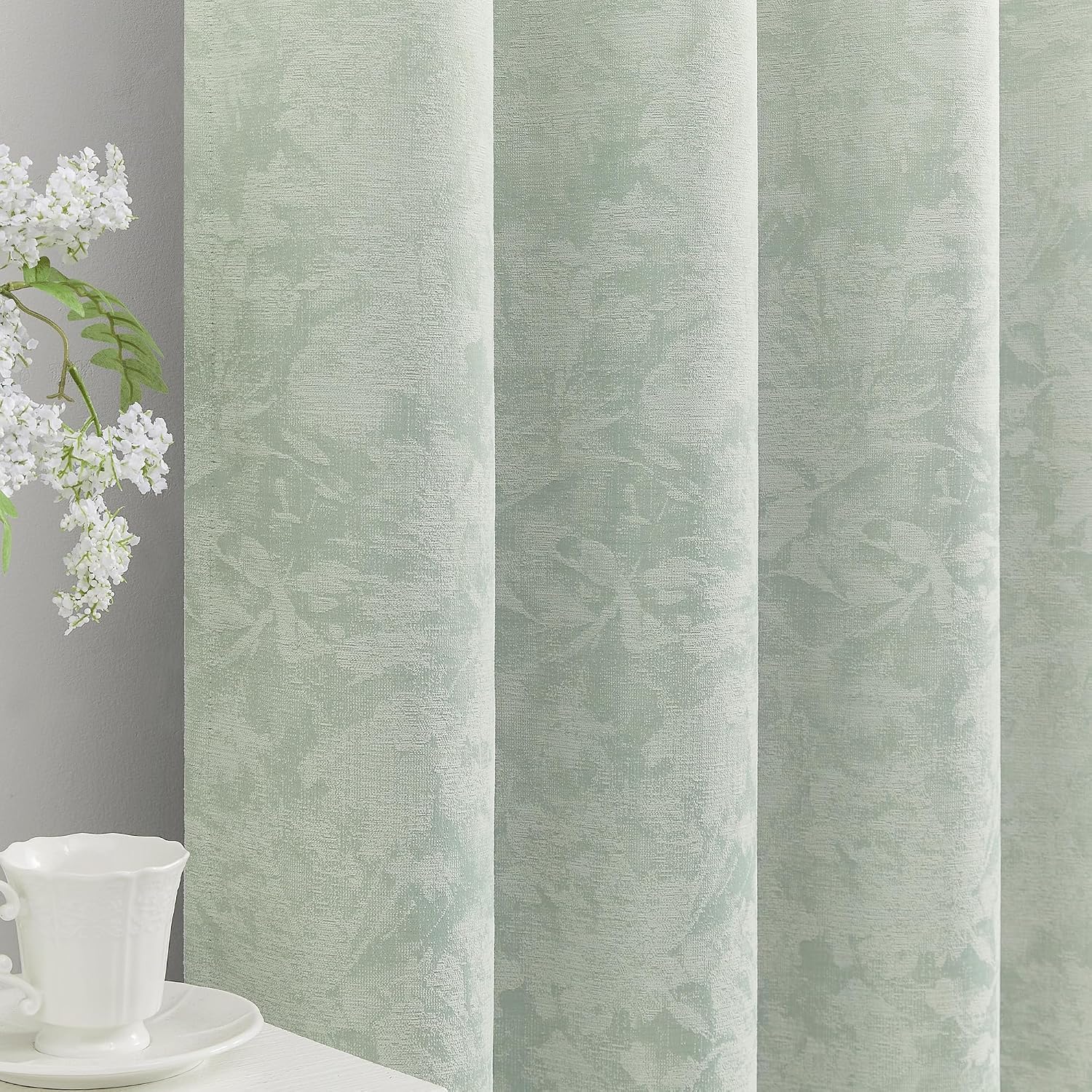 Beauoop Green Floral Jacquard Blackout Curtains 108 Inches Long 2 Panels for Bedroom Living Room Sage Flower Chenille Room Darkening…