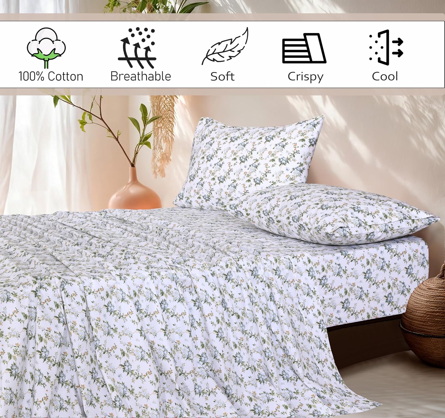 Ruvanti 100% Cotton Percale Sheets Full Size – Crisp Cooling Bed Sheets for Hot Sleepers, Deep Pocket 16”, Soft Breathable & Durable Hotel-…