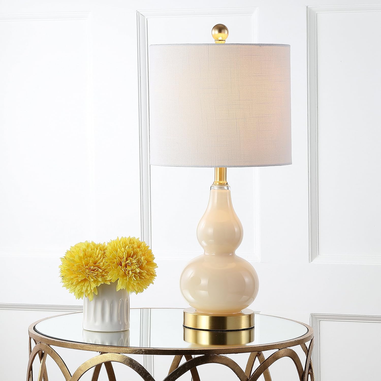 JONATHAN Y 20.5" Ivory Glass Table Lamp, Modern Gourd Bedside Nightstand Lamp for Bedroom, Living Room, White Linen Shade, LED Bulb…