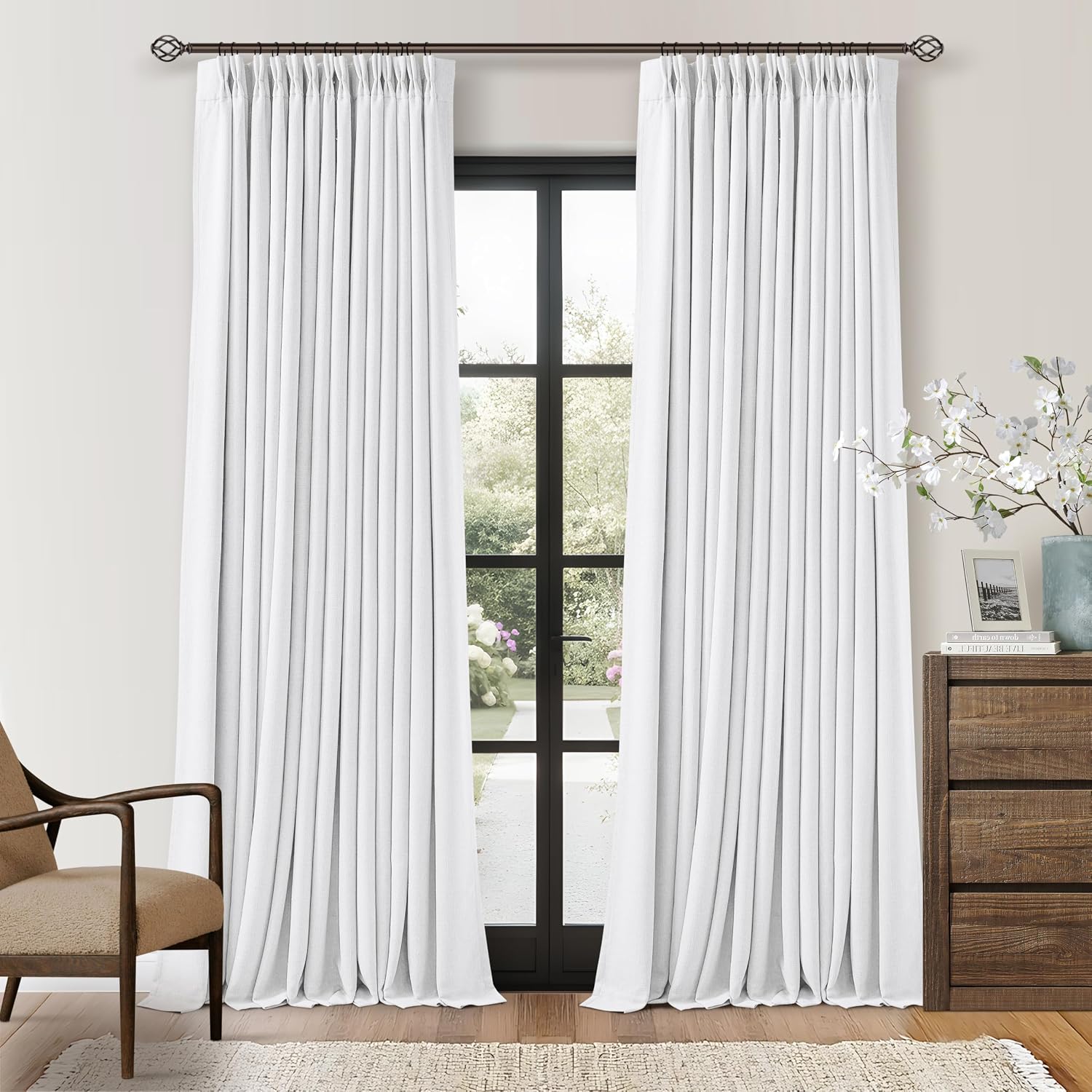 Twodrapes White Blackout Pinch Pleated Linen Curtains 105 Inches Long for Living Room 2 Panels Thermal Insulted Dual Layer Drapes Ceiling F…