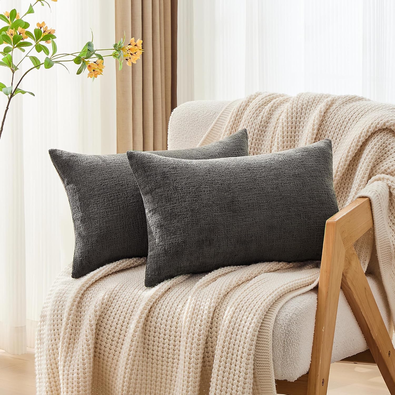 Gawamay Set of 2 Decorative Lumbar Soft Chenille Throw Pillow Covers 12x20 Inch (30x50 CM), Boho Farmhouse Cushion Cases, Couch Pillow Cove…