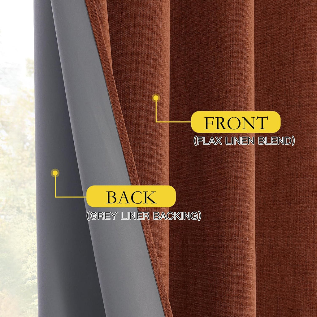 NICETOWN 100% Absolutely Blackout Linen Curtains with Thermal Insulated Liner, 62" Wide, 2 Panels, 120" Long Drapes, Grommet Retro Burnt…