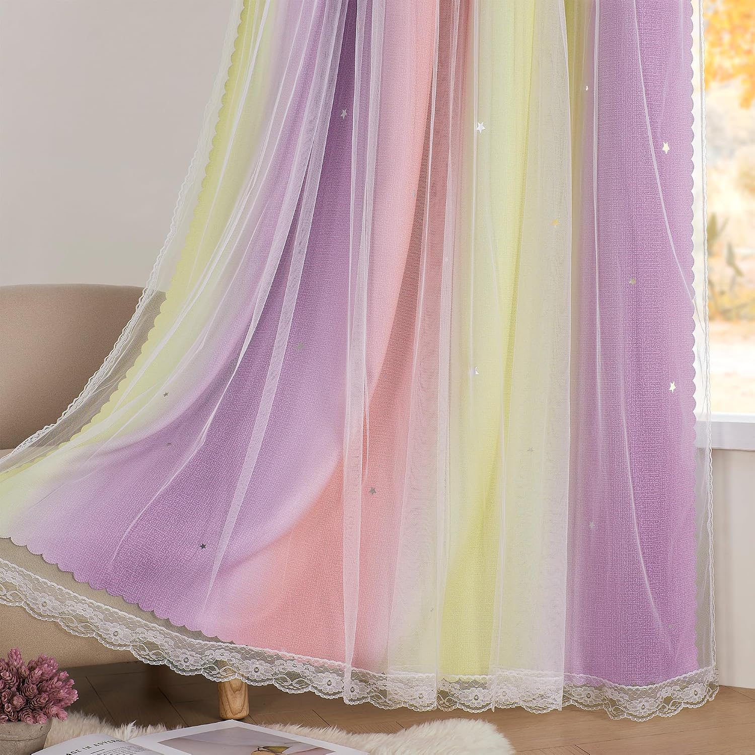 Addsomecolortolife XiDi Pink Yellow Curtains for Bedroom Decor Blackout Curtains for Girls Kids Room Rainbow Unicorn Wall Decals 34X63 Inch…