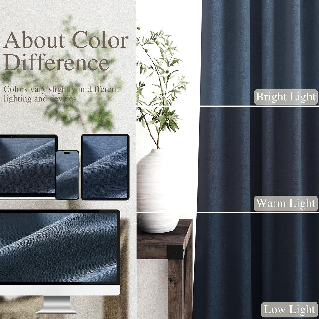 Nanspring Vintage Blue 100% Blackout Linen Curtains 84 Inch Length 2 Panels Set for Bedroom Back Tab Vintage Farmhouse Decor Black Out Curt…