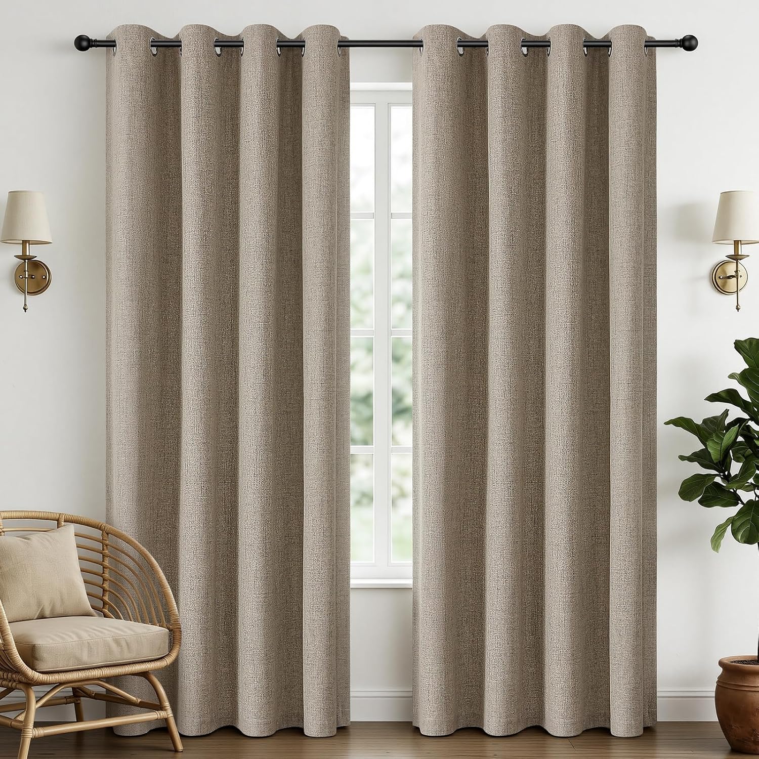 Cucraf 100% Blackout Curtains 54 inches Length 2 Panels Set, Room Darkening Linen Textured Curtain Grommet for Bedroom Living Room, Light B…