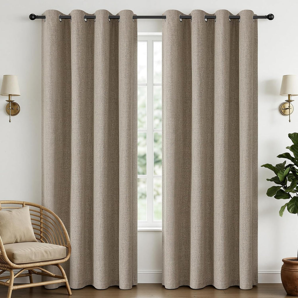 Cucraf 100% Blackout Curtains 72 inches Length 2 Panels Set, Room Darkening Linen Textured Curtain Grommet for Bedroom Living Room, Light B…