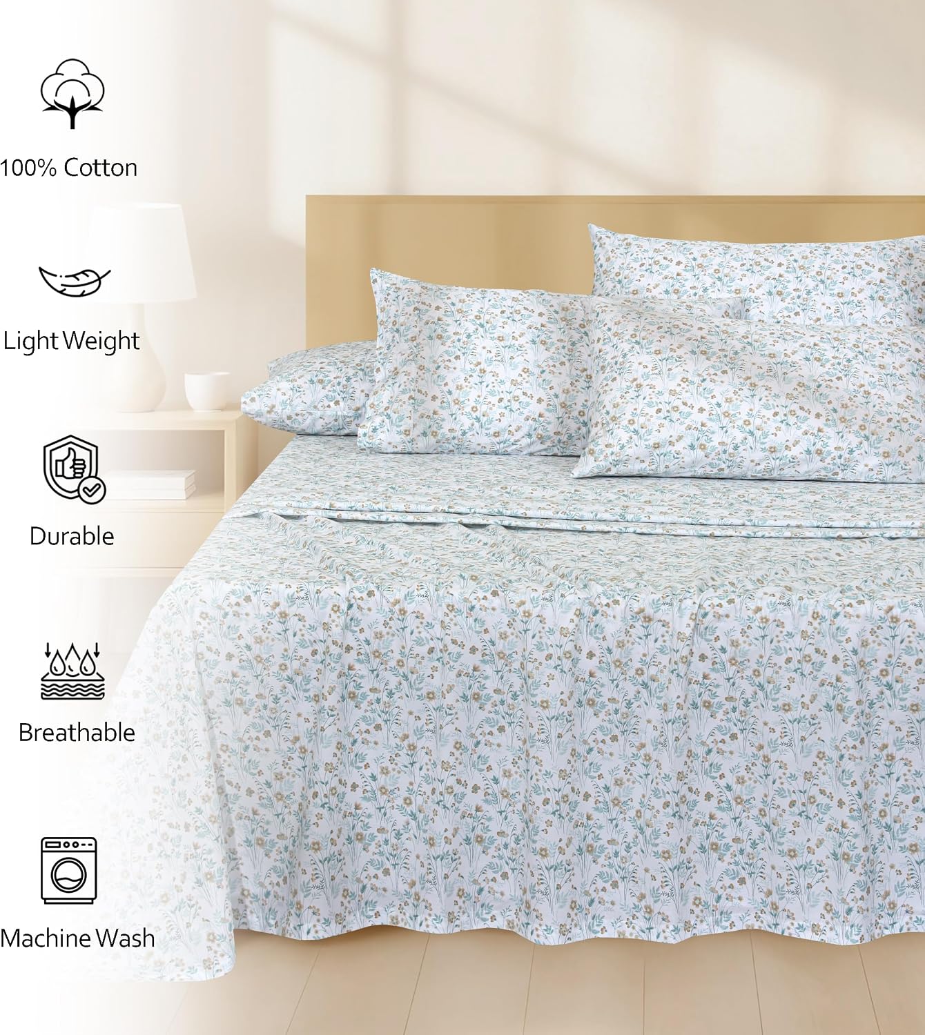 Ruvanti 100% Cotton Percale Sheets Full Size 6 Piece Set, Cooling Bed Sheets for Hot Sleepers, Deep Pocket 16”, Breathable Lightweight & Du…