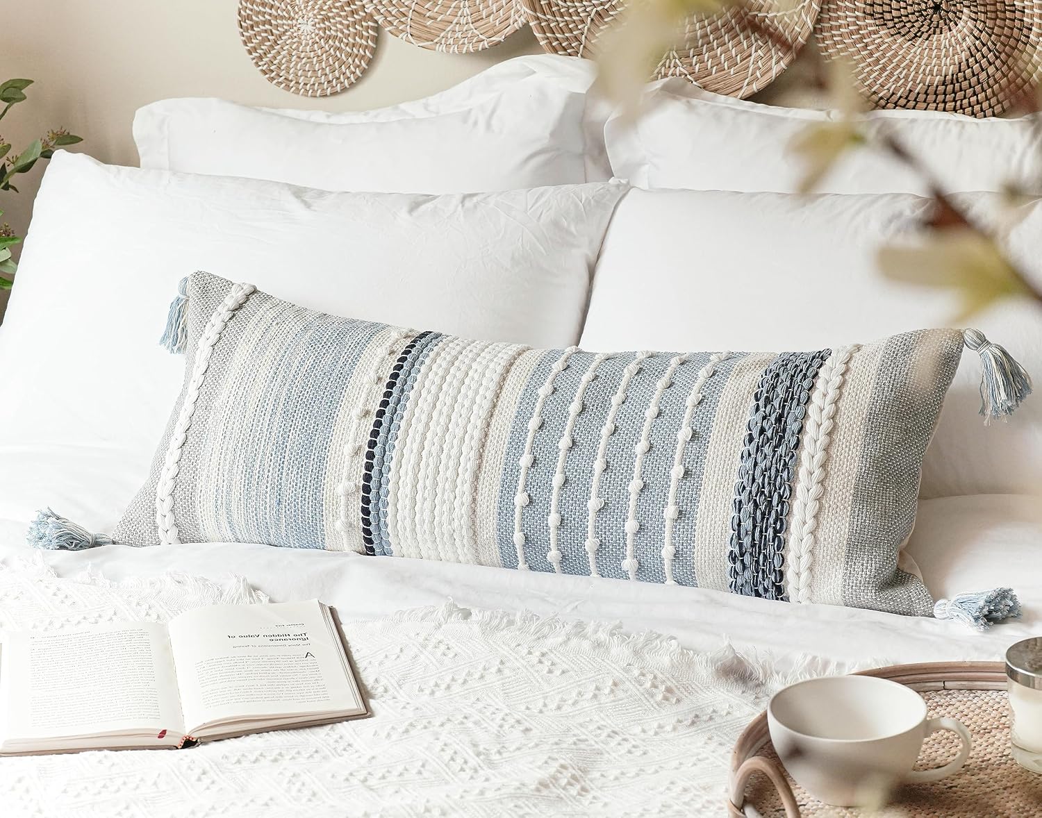 BlissBlush Coastal Blue Decorative Lumbar Pillow Cover 14x36 Boho Long Body Pillow for Bed Farmhouse Lumbar Throw Pillow for Couch Modern…