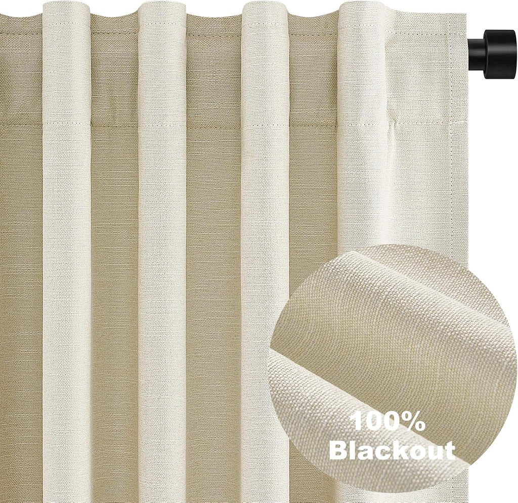Topfinel Cream Extra Long 132 Inch 100% Blackout Curtains for Livingroom Neutral Boho Linen Blend Farmhouse Curtain Drapes Sound Proof Drap…