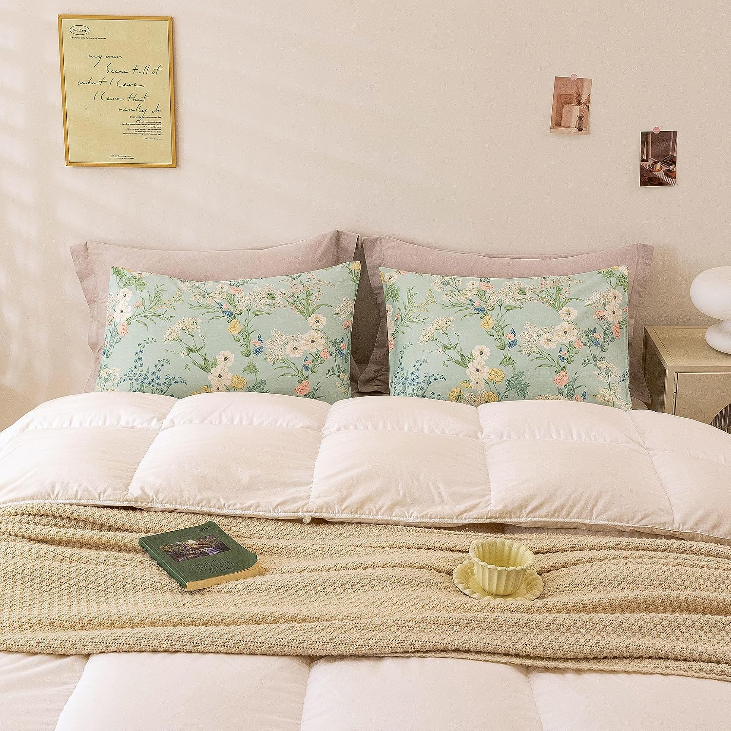 ECOCOTT Sage Green Floral King Standard Size Set of 2, 100% Washed Cotton Pillow Cases with Envelope Closure, Botanical Wildflower…