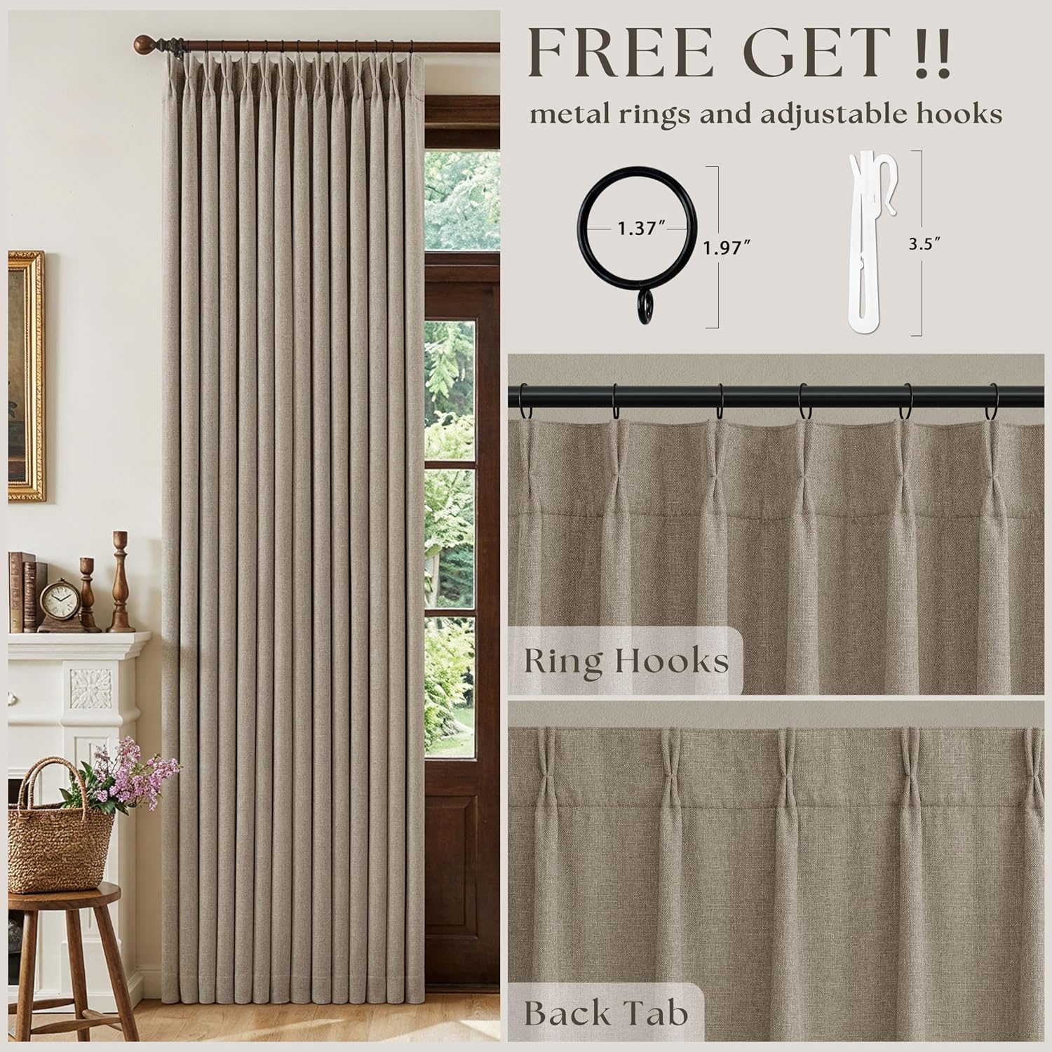Twodrapes Dark Flax 108 Inch Pinch Pleat Drapes Greige Greyish Beige Room Darkening Curtains 108 Inches Long for Bedroom Neutral Farmhouse…