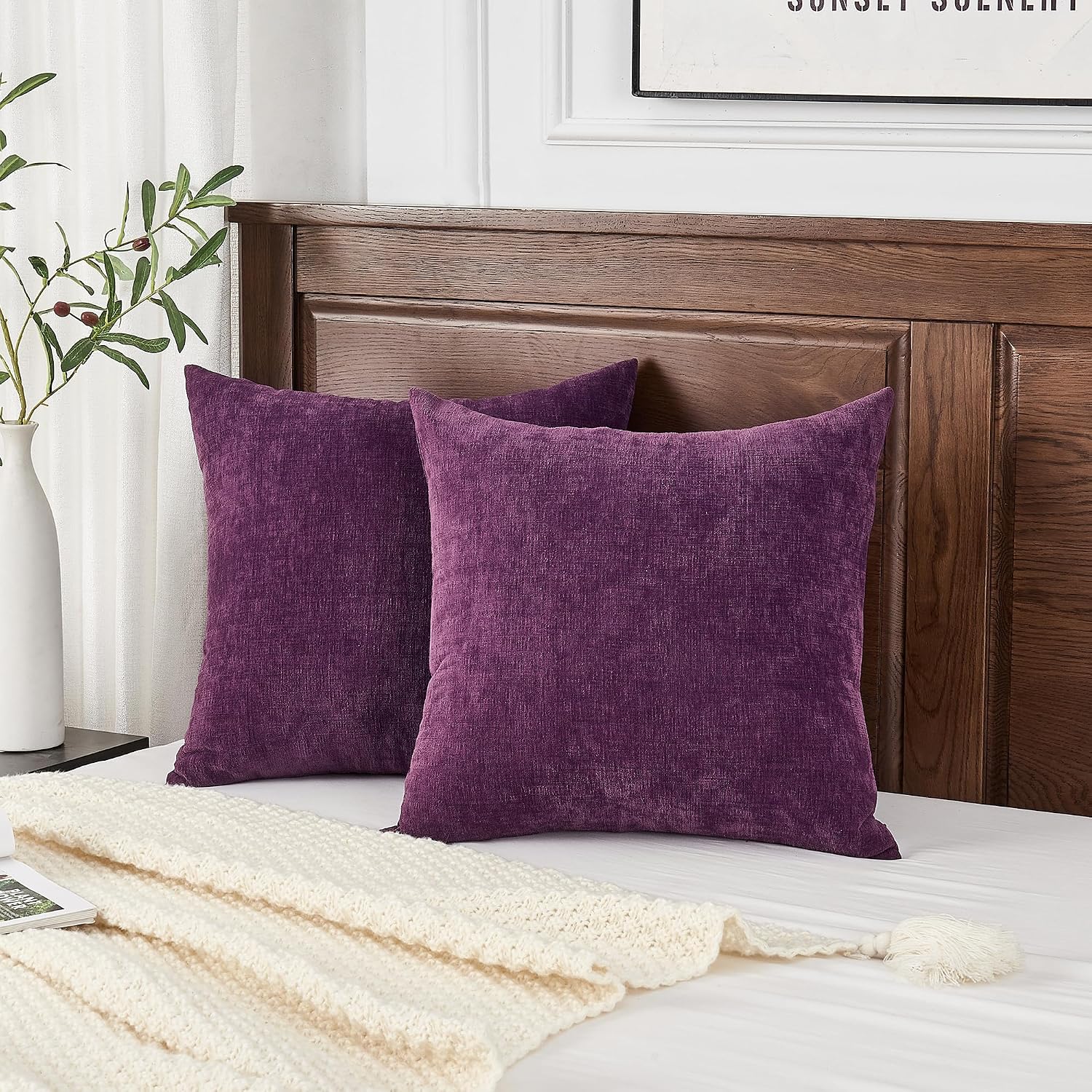 Gawamay Decorative Square Throw Pillow Covers 22x22 Inch Set of 2, Super Soft Chenille Pillows Farmhouse Fall Pillowcase for Living Room Be…