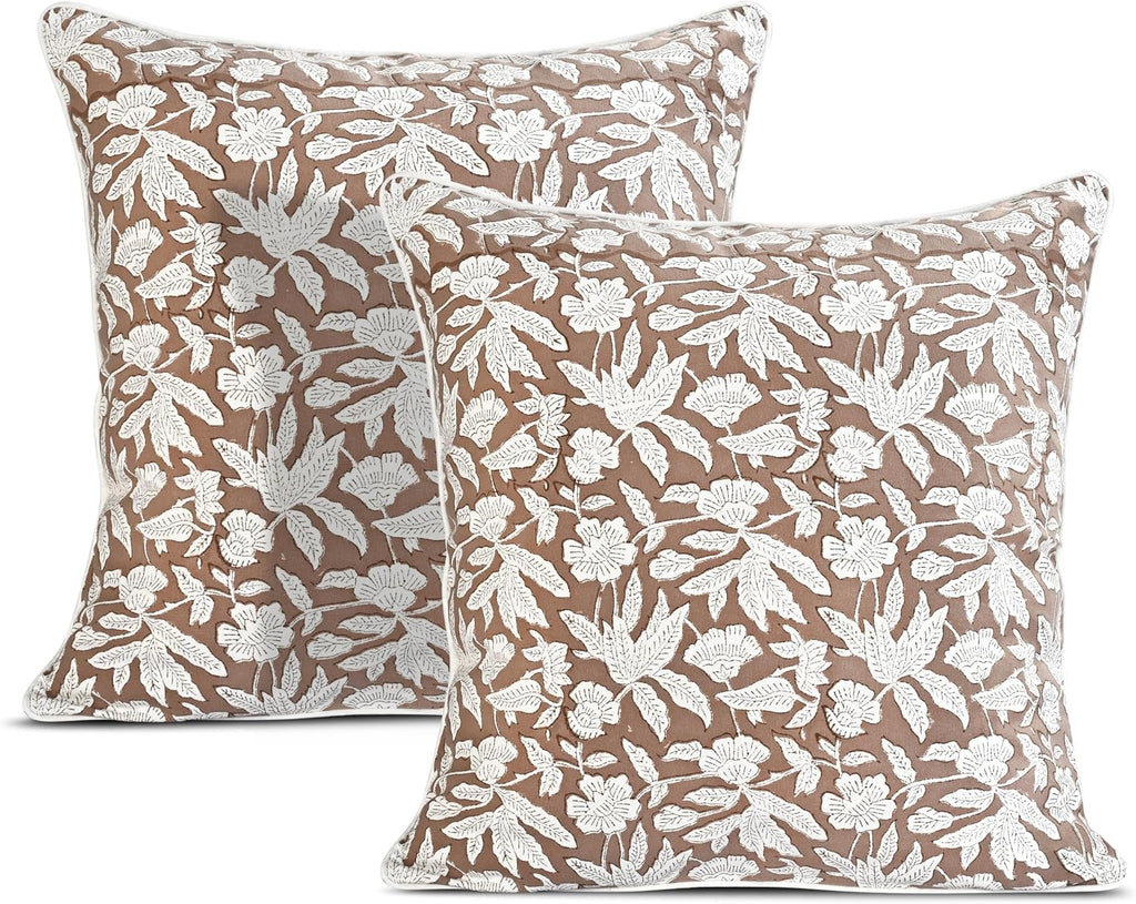 Ridhi Block Print Oak Brown Pillow Cover 18" x 18" (Pack of 2) Decorative Couch Pillows for Living Room, Farmhouse Chic Boho Cute Outdoor P…