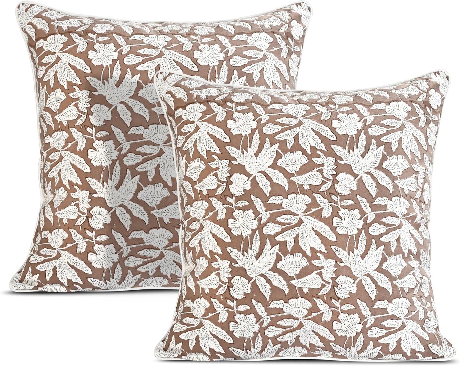 Ridhi Block Print Oak Brown Pillow Cover 18" x 18" (Pack of 2) Decorative Couch Pillows for Living Room, Farmhouse Chic Boho Cute Outdoor P…
