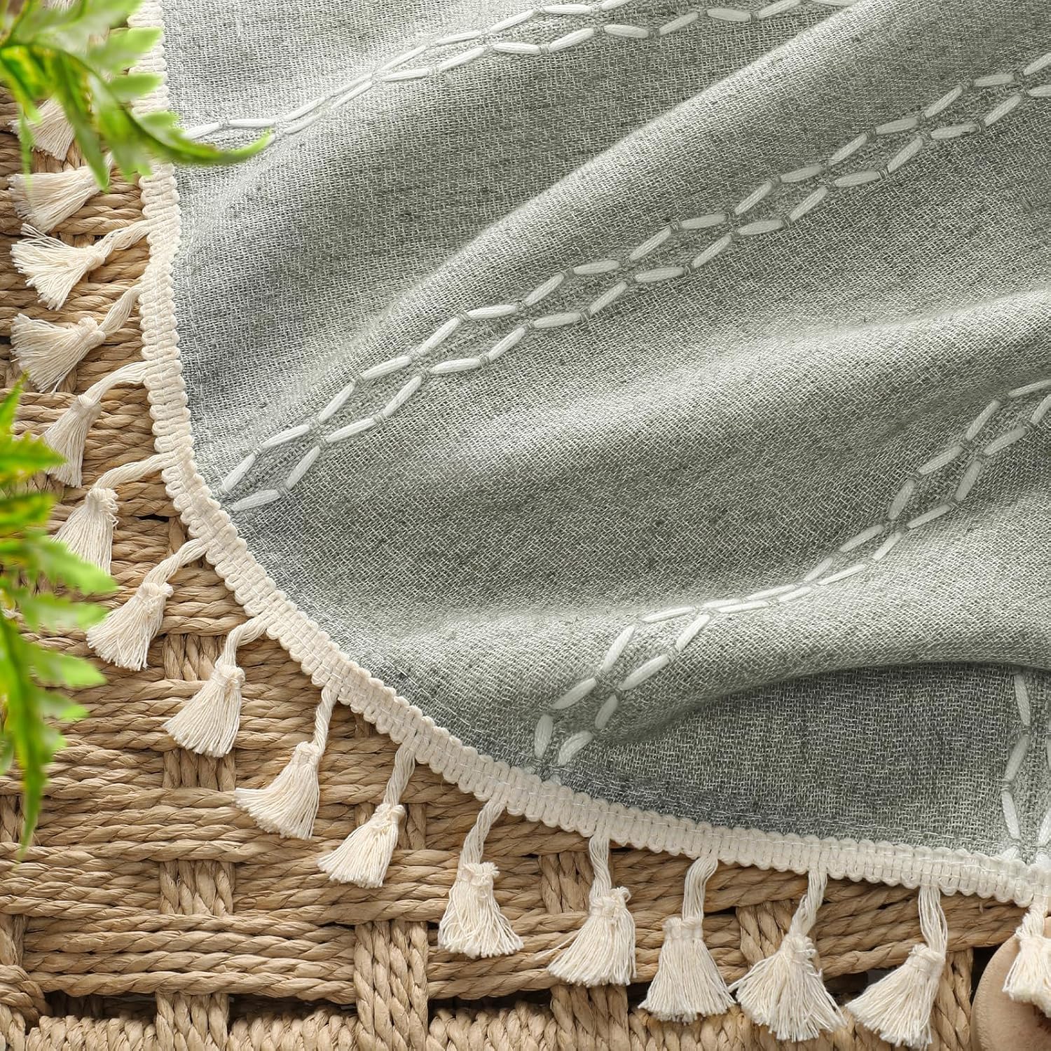 XOGUIBO Boho Blackout Curtains 96 Inches Long Sage Green Linen Blend 2 Panels with Tassels and Cotton Embroidery, Farmhouse Vintage…