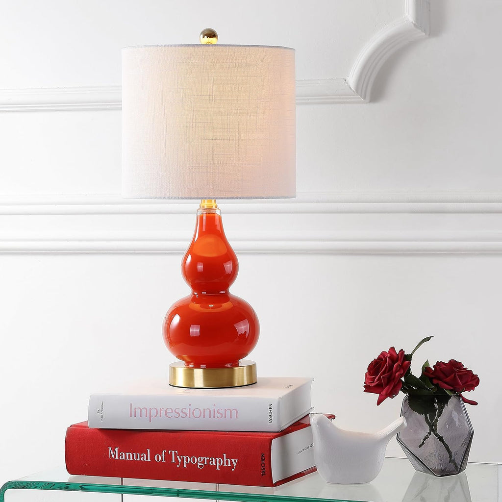 JONATHAN Y 20.5" Sunset Orange Glass Table Lamp, Modern Gourd Bedside Nightstand Lamp for Bedroom, Living Room, White Linen Shade, LED…
