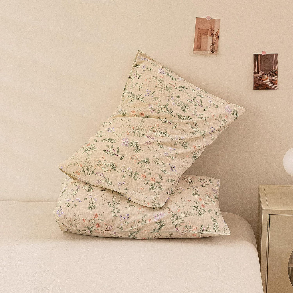 ECOCOTT Floral Pillowcases King Size Set of 2, 100% Washed Cotton Pillow Cases with Envelope Closure, Beige Botanical Wildflower Printed…