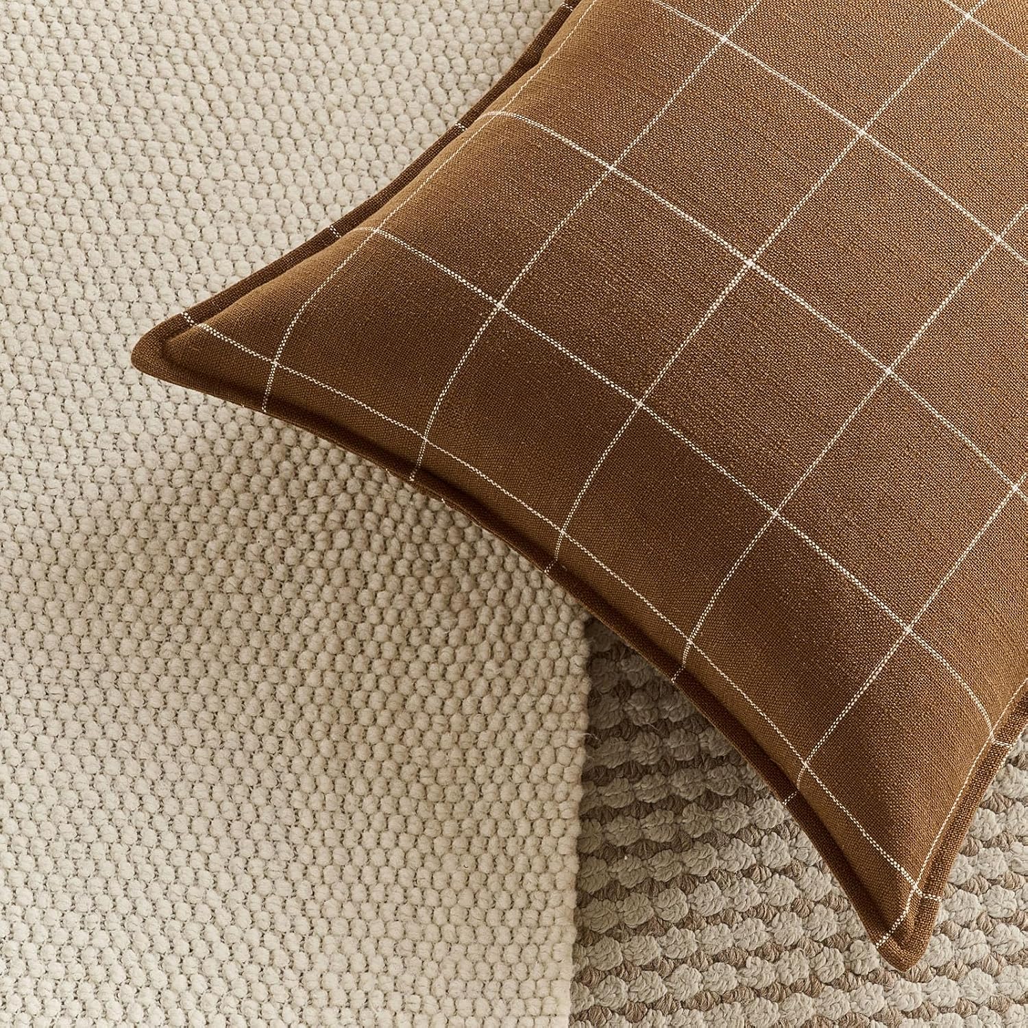 Farmhouse Dark Brown Plaid Throw Pillow Covers 20x20 Set of 2, Brown Boho Decor 20 x 20 Check Pillow Covers, Modern Farmhouse Tan Plaid…